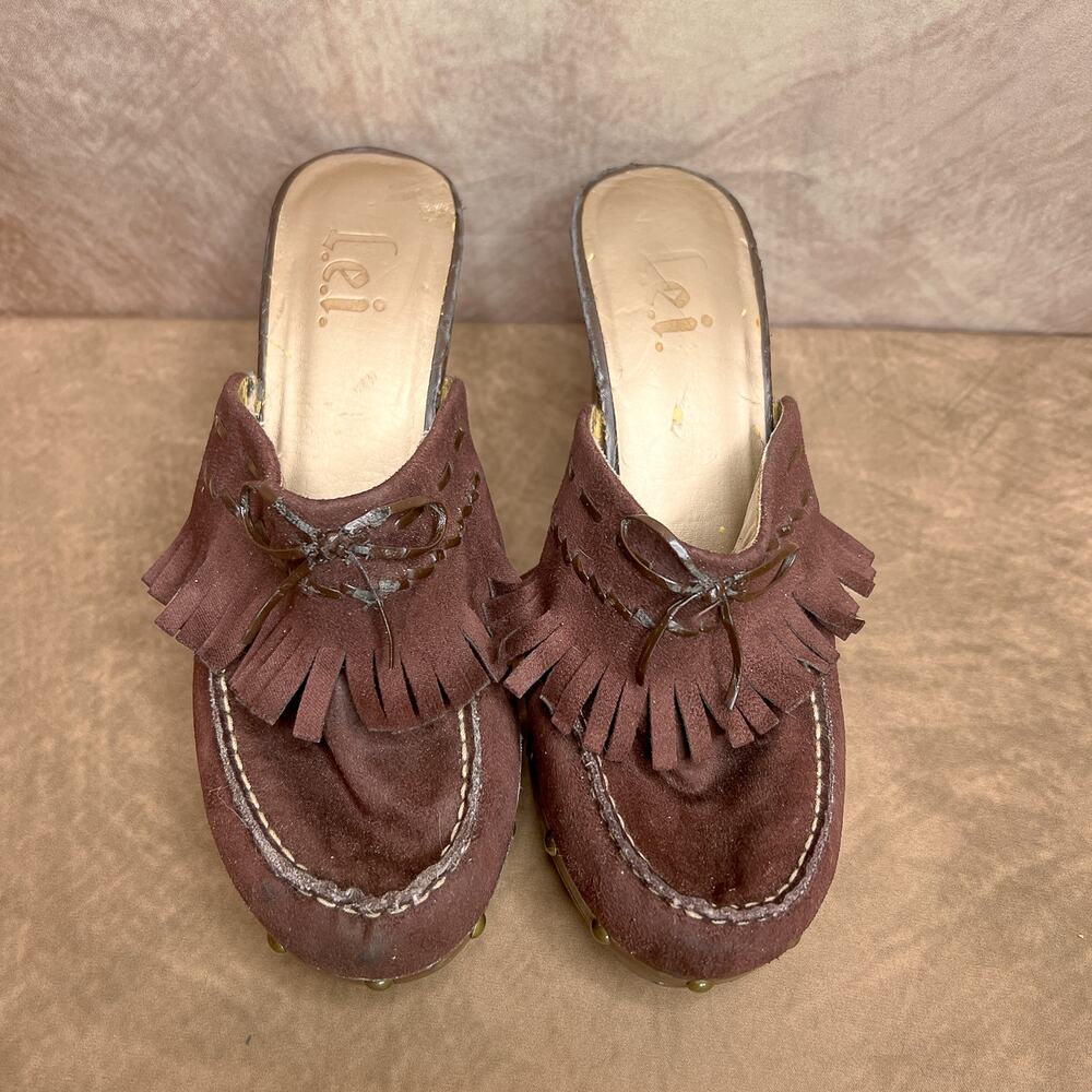Vintage Y2K l.e.i Annetteco Fringe Clogs High Heel Studded Indie Euro McBling - Picture 12 of 13
